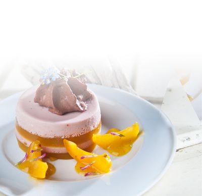 Mascarpone Rezept Smoothie Mascarpone Creme von GOLDSTEIG mit Orangengelee und Kakao-Espuma an Fruchtstücke auf Teller