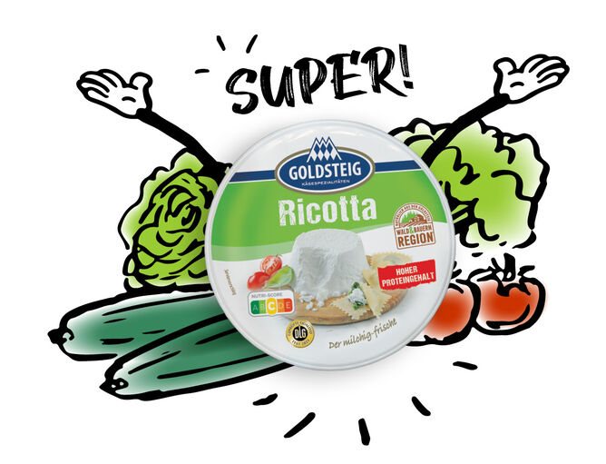 Nutri-Score: GOLDSTEIG Ricotta 250g Verpackung in der Mitte. Illustriertes Gemüse liegt um die Verpackung herum.