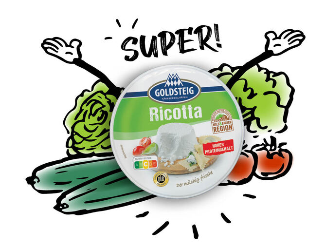 Nutri-Score | GOLDSTEIG Ricotta 250g Verpackung, Illustriertes Gemüse um Verpackung herum