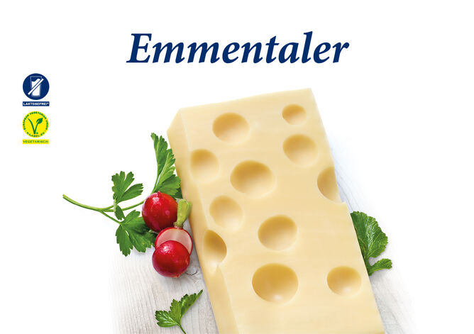 Emmentaler Stück von GOLDSTEIG mit Petersilie und Radischen. Laktosefrei und Vegetarisch. 