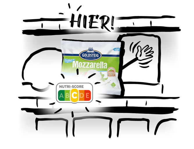 Nutri-Score: Schnelle Orientierung im Supermarkt. - GOLDSTEIG Käsespezialitäten Nutri-Score: GOLDSTEIG Mozzarella Kugel light 125g steht in einem illustrierten Kühlregal-Fach, winkt und sagt „HIER!“. Der Nutri-Score C ist vergrößert dargestellt.