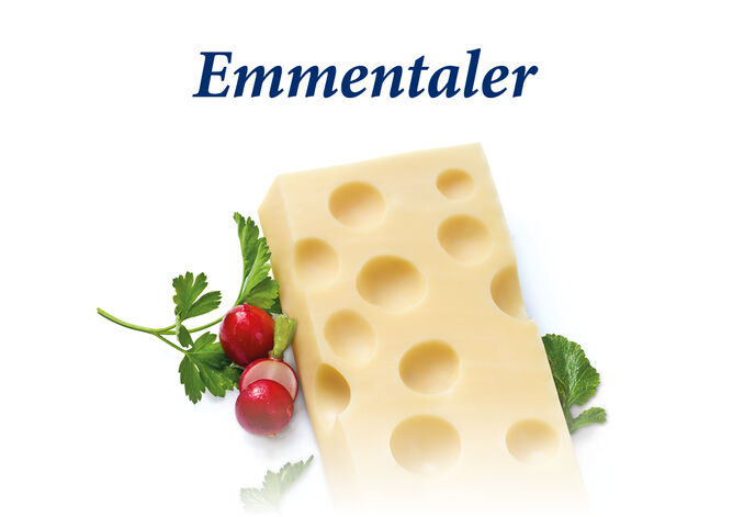 Emmentaler Stück von GOLDSTEIG mit Petersilie und Radieschen 