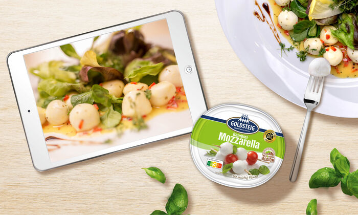 Mozzarella Rezepte - GOLDSTEIG Käsespezialitäten Rezept | Bambini Mozzarella Mini Salat mit Limonendressing und Oregano