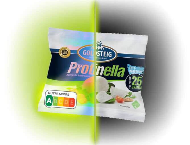 Nutri-Score | GOLDSTEIG Protinella Kugel Verpackung wird geröntgt. Nutri-Score A hervorgehoben.
