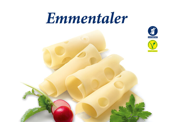 Emmentaler Scheiben von GOLDSTEIG mit Petersilie und Radischen. Laktosefrei und Vegetarisch. 