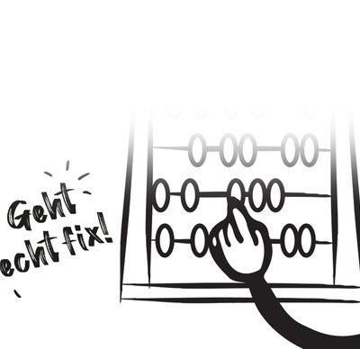 Nutri-Score Rechner | Illustrierter Arm rechnet mit Abakus. Links davon Spruch „Geht echt fix!“