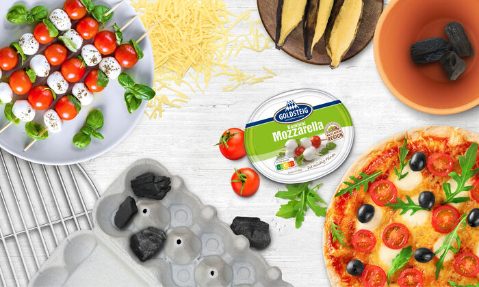 Grillutensilien mit Pizza und Tomate-Mozzarella-Sticks mit Bambini Mozzarella Mini von GOLDSTEIG