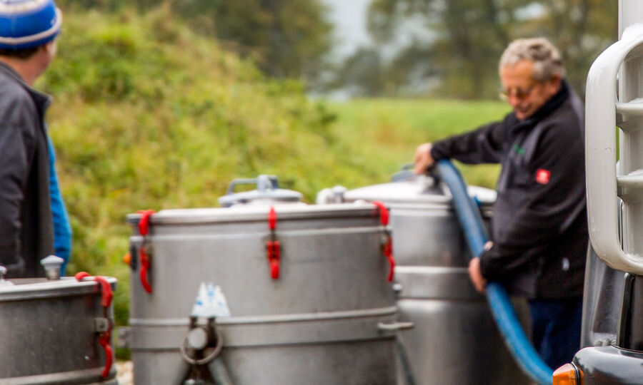 Region und Landwirte: Milchabholung - GOLDSTEIG Käsespezialitäten Milchsammelwagen-Fahrer saugt Milch aus mobilem Milchtank, Landwirt steht daneben