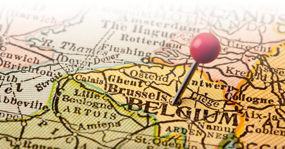 Limburger Entstehungsgeschichte - Ausschnitt einer Landkarte mit rotem Pinn der auf Belgien zeigt 