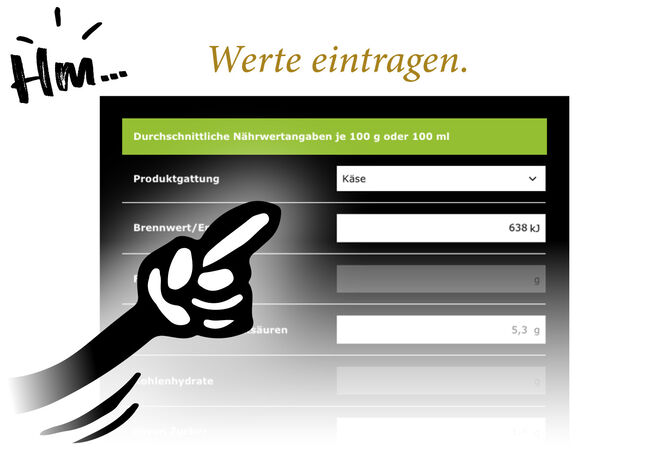 Nutri-Score Rechner: Ein illustrierter Arm zeigt auf einen Teilabschnitt des Nutri-Score Rechners. Darüber ist „Werte eintragen“ zu lesen.