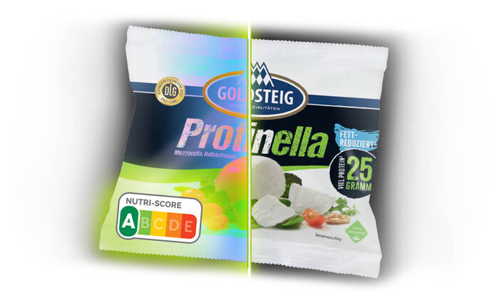 Rund um das Thema Nutri-Score/Lebensmittelampel: GOLDSTEIG Protinella Kugel Verpackung wird geröntgt. Worauf der Nutri-Score A hervorgehoben dargestellt ist.