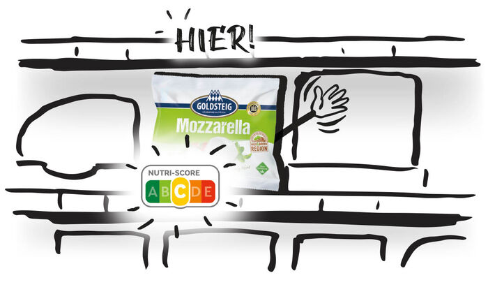 Rund um das Thema Nutri-Score/Hersteller: GOLDSTEIG Mozzarella Kugel Verpackung steht in einem illustrierten Kühlregal-Fach, winkt und sagt „HIER!“. Der Nutri-Score C ist vergrößert dargestellt.