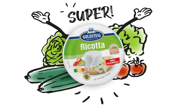 Rund um das Thema Nutri-Score/Kennzeichnung: GOLDSTEIG Ricotta 250g Verpackung in der Mitte. Illustriertes Gemüse liegt um die Verpackung herum.