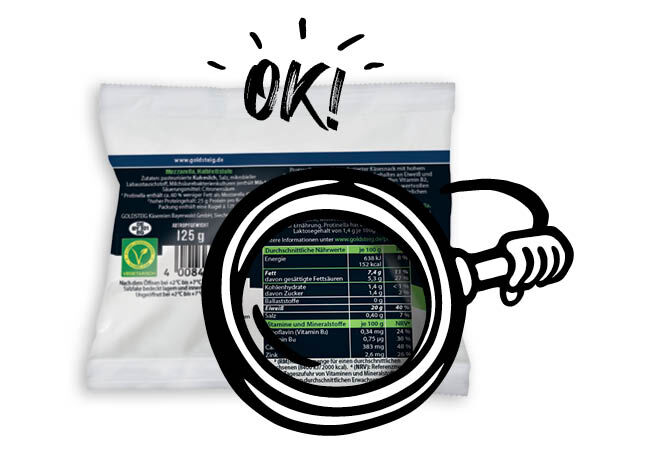 Nutri-Score Rechner | GOLDSTEIG Protinella Kugel Verpackung mit Lupe die Nährwerttabelle hervorhebt