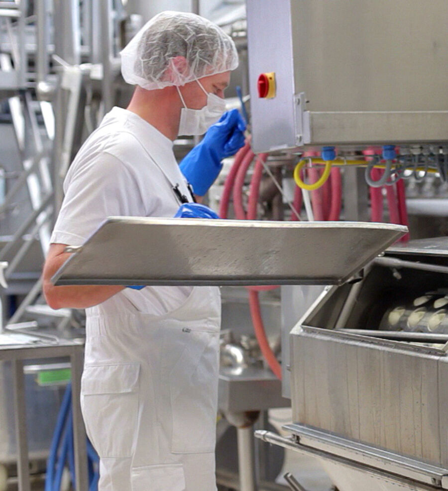 Käseleidenschaft: Pasta Filata - GOLDSTEIG Käsespezialitäten Herstellungsprozess des Pasta Filata - Mitarbeiter in der Produktion von GOLDSTEIG Mozzarella