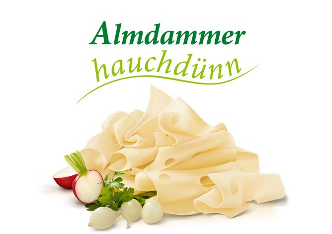 Almdammer Scheiben hauchdünn - GOLDSTEIG Käsespezialitäten Almdammer Scheiben hauchdünn von GOLDSTEIG mit Radieschen, Petersilie und Zwiebeln