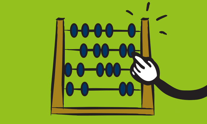 Rund um das Thema Nutri-Score/berechnet: Es ist ein illustrierter Arm dargestellt, der an einem Rechenrahmen rechnet.