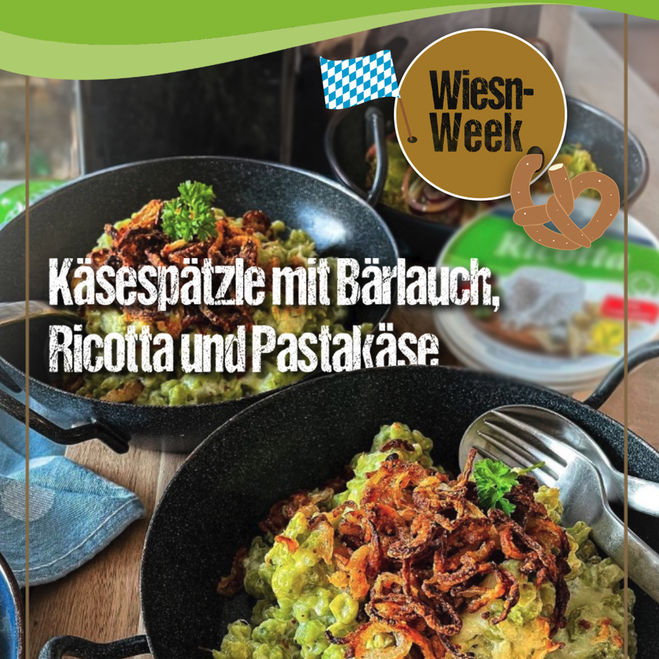 Aktionen & Neues (Aktionen-Neues) / Social-Media-Posts: Bärlauch-Käsespätzle mit Ricotta und Pasta-Käse von GOLDSTEIG in einem Pfandl.