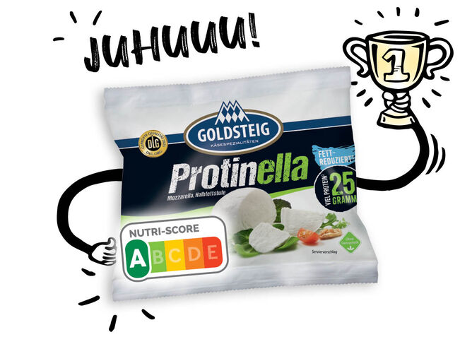 Nutri-Score | GOLDSTEIG Protinella Kugel Verpackung mit illustrierten Armen hält Pokal hoch und zeigt auf Nutri-Score A.
