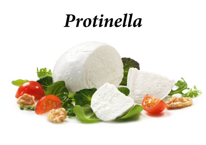 Protinella (Proteinkäse) / Käsesorten: Protinella von GOLDSTEIG mit viel Protein und reduziertem Fettgehalt, ohne Verpackung und angeschnitten mit frischen Salatblättern, Kräutern, Tomatenstücken und Walnüssen