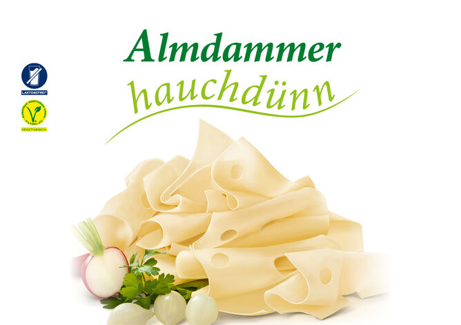 Almdammer Scheiben hauchdünn von GOLDSTEIG mit Radieschen, Petersilie und Zwiebeln. Laktosefrei und Vegetarisch. 