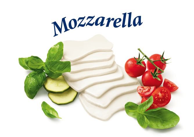 Mozzarella Scheiben - GOLDSTEIG Käsespezialitäten Mozzarella Scheiben von GOLDSTEIG mit Tomate, Zucchini und Basilikum