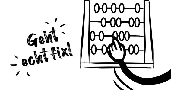 Nutri-Score Rechner | Illustrierter Arm rechnet mit Abakus. Links davon Spruch „Geht echt fix!“