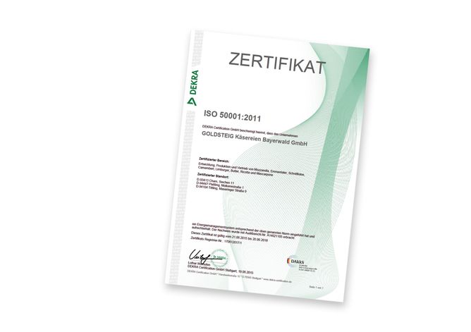 Zertifikat der DEKRA Certification GmbH in den Bereichen der Entwicklung, Produktion und Vertrieb von Mozzarella Emmentaler, Schnittkäse, Camembert, Limburger, Butter, Ricotta und Mascarpone über die Einführung eines Energiemanagementsystems