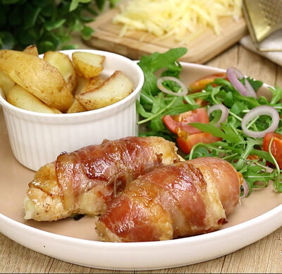 Rezept | Hähnchenbrust mit Frischkäsefüllung im Speckmantel (Emmentaler, Ricotta)