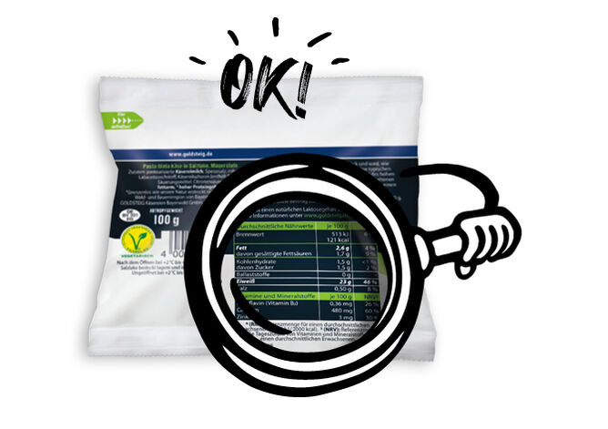 Nutri-Score Rechner: GOLDSTEIG Protinella 100g Verpackung mit einem illustrierten Arm, welcher mit der Lupe die Nährwerttabelle auf der Verpackung hervorhebt. Über der Verpackung ist das Wort „OK!“ zu sehen.