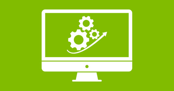 GOLDSTEIG als Arbeitgeber: Weißer Computer auf grünem Hintergrund. Am Bildschirm sind Zahnräder, sowie eine steigende Kurve zu sehen.