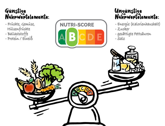 Nutri-Score: Eine illustrierte Waage mit Gemüse und anderen Lebensmitteln in den Waagschalen. Darüber ist das Nutri-Score Siegel B zu sehen, sowie rechts und links zwei Auflistungen von günstigen und ungünstigen Nährwertelementen.