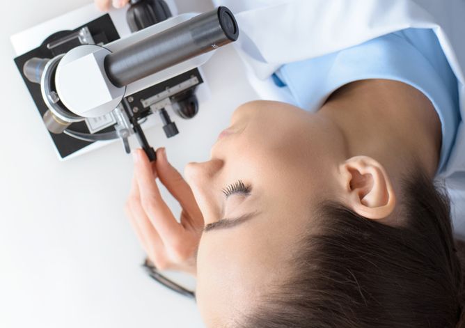 Praktikum: Milchwirtschaftliche Laborantin prüft Produktproben mit dem Mikroskop