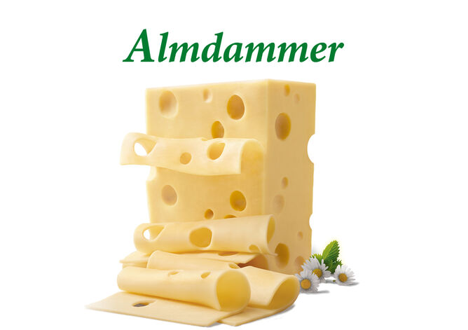 Almdammer Scheiben - GOLDSTEIG Käsespezialitäten Almdammer Scheiben von GOLDSTEIG mit Gänseblümchen