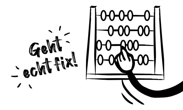 Nutri-Score Rechner: Es ist ein illustrierter Arm dargestellt, der an einem Rechenrahmen rechnet. Links davon ist ein Spruch „Geht echt fix!“ zu sehen.